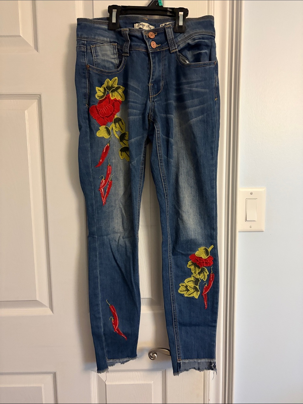 Embroidered Blue Women’s Jeans with Red Floral / Chilli Accents